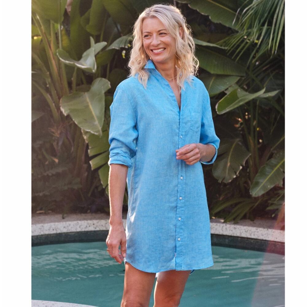 Frank & Eileen Mary‎ Classic Linen Shirtdress In Bright Turquoise Size S